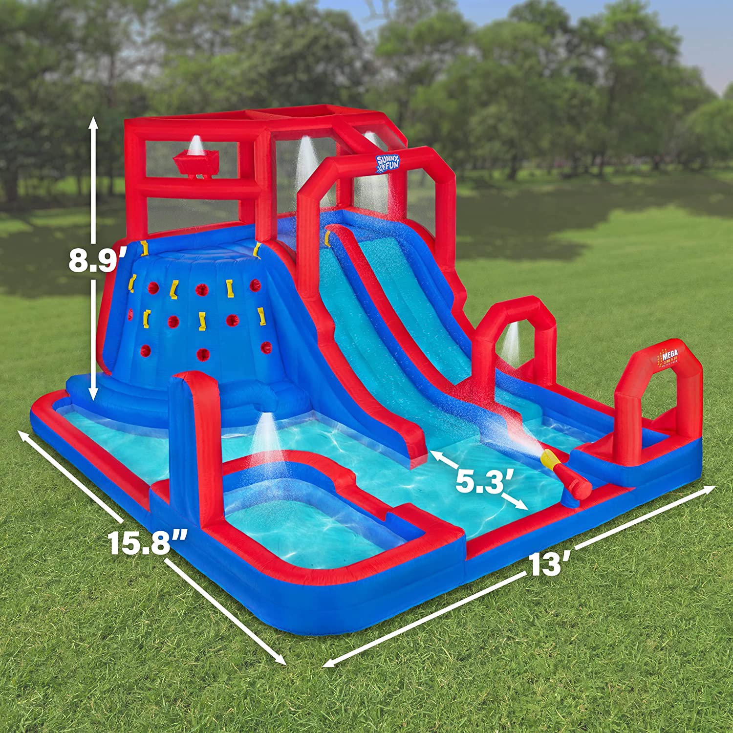 Sunny &amp; Fun Mega Climb N’ Go Inflatable Water Slide Park – Heavy-Duty for Outdoor Fun - Climbing Wall, 2 Slides, Splash &amp; Deep Pool – Easy to Set Up &amp; Inflate with Included Air Pump &amp; Carrying Case