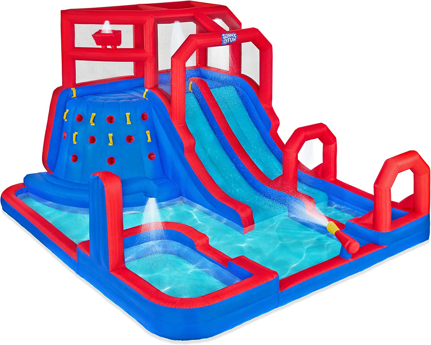 Sunny &amp; Fun Mega Climb N’ Go Inflatable Water Slide Park – Heavy-Duty for Outdoor Fun - Climbing Wall, 2 Slides, Splash &amp; Deep Pool – Easy to Set Up &amp; Inflate with Included Air Pump &amp; Carrying Case