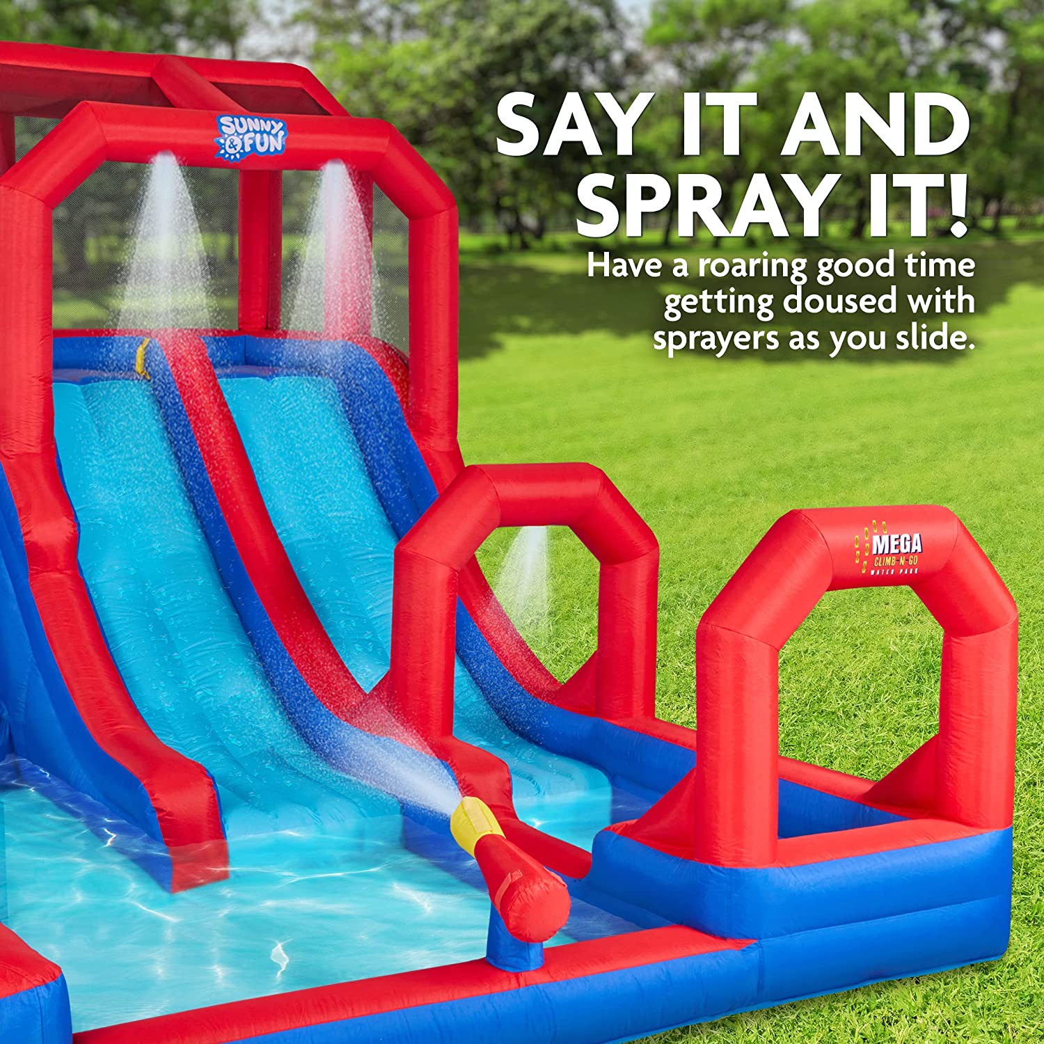 Sunny &amp; Fun Mega Climb N’ Go Inflatable Water Slide Park – Heavy-Duty for Outdoor Fun - Climbing Wall, 2 Slides, Splash &amp; Deep Pool – Easy to Set Up &amp; Inflate with Included Air Pump &amp; Carrying Case
