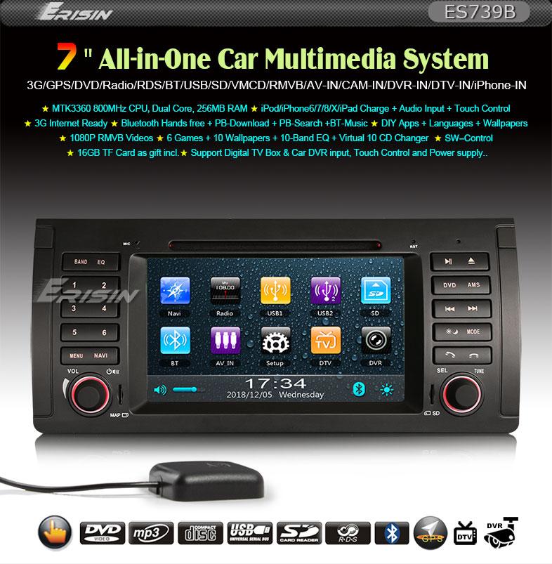 Erisin ES739B 7英寸自动收音机GPS宝马5系列E39 M5 E53 X5 TNT USB蓝牙Canbus iPod DVR收音机