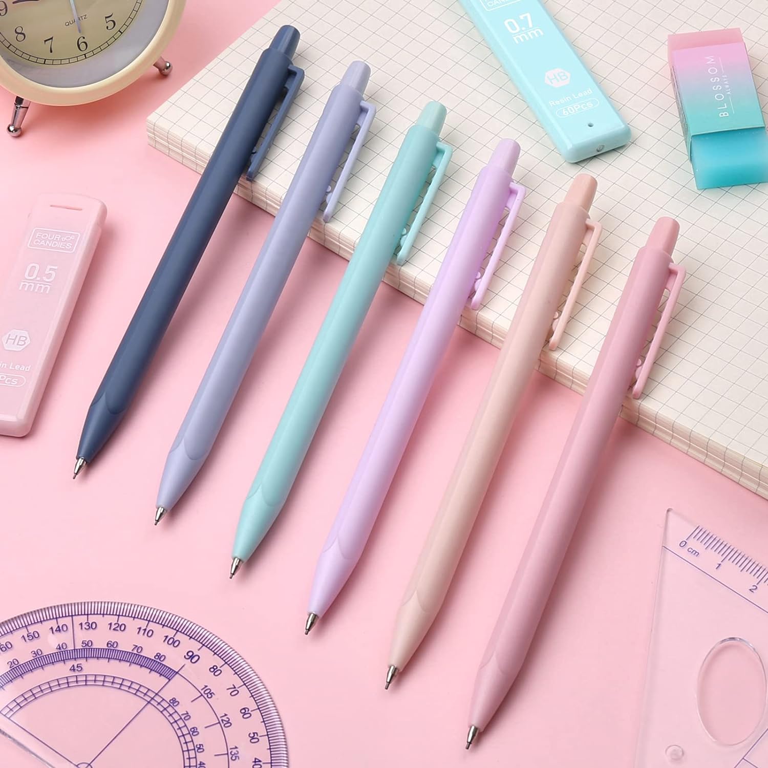 Four Candies Cute Mechanical Pencil Set, 6PCS Pastel Pencils 0.5mm & 0.7mm with 360PCS HB Pencil Leads, 3PCS Erasers and 9PCS Eraser Refills, Aesthetic Mechanical Pencils for Girls Writing
