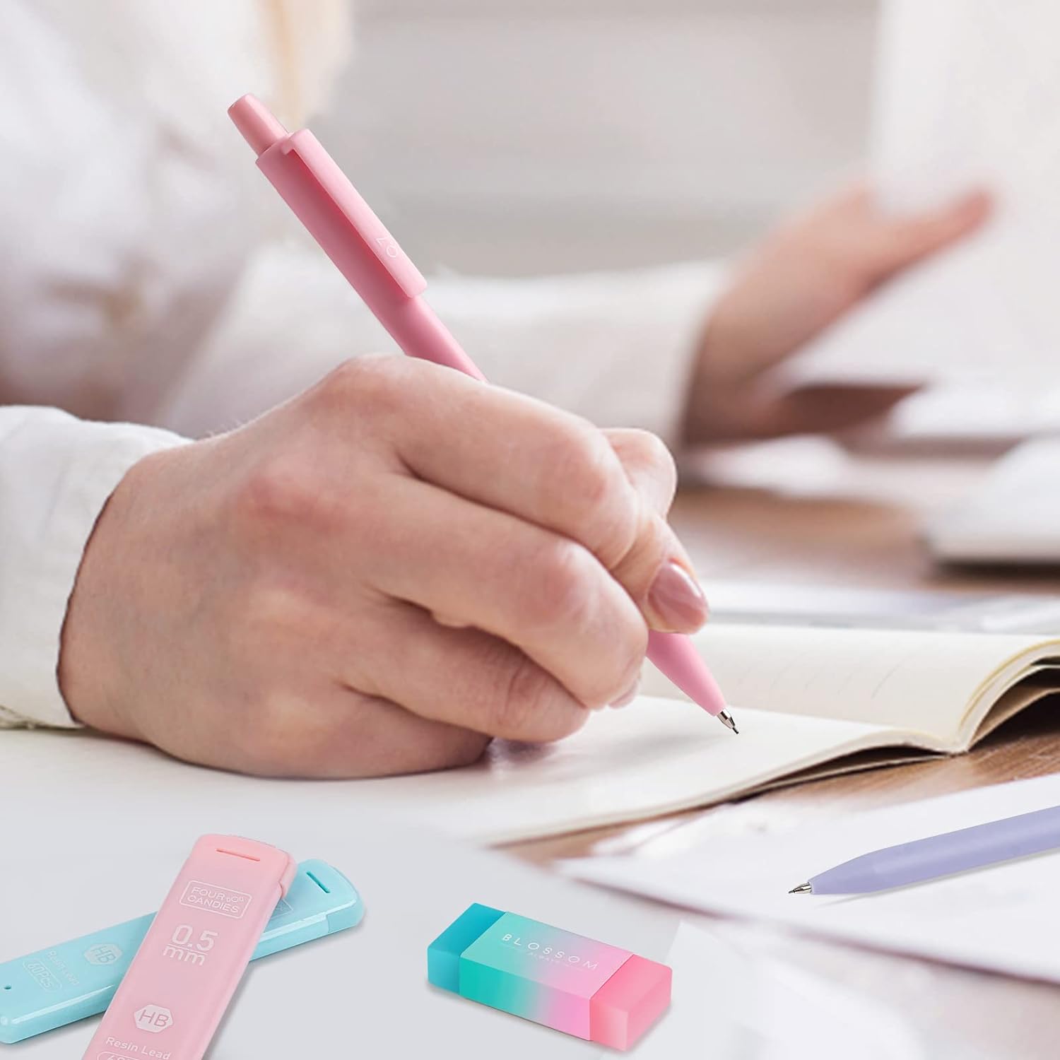 Four Candies Cute Mechanical Pencil Set, 6PCS Pastel Pencils 0.5mm & 0.7mm with 360PCS HB Pencil Leads, 3PCS Erasers and 9PCS Eraser Refills, Aesthetic Mechanical Pencils for Girls Writing