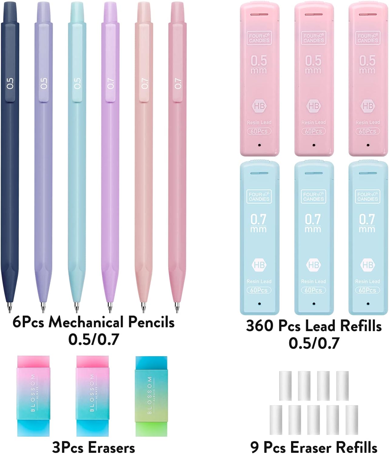 Four Candies Cute Mechanical Pencil Set, 6PCS Pastel Pencils 0.5mm & 0.7mm with 360PCS HB Pencil Leads, 3PCS Erasers and 9PCS Eraser Refills, Aesthetic Mechanical Pencils for Girls Writing